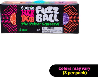Schylling NeeDoh Teenie Fuzz Ball 3 Pack (Assorted Colors) Box of Teenie Nee Doh Fuzz Ball with colorful packaging on a white background