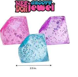 Schylling NeeDoh Groovy Jewel Three colorful diamond-shaped objects with 'Nee Doh Groovy Jewel' branding on a white background.
