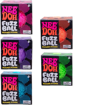 /schylling NeeDoh Flower Power Fuzz Ball Five boxes of Nee Doh Fuzz Ball with colorful designs on a white background.