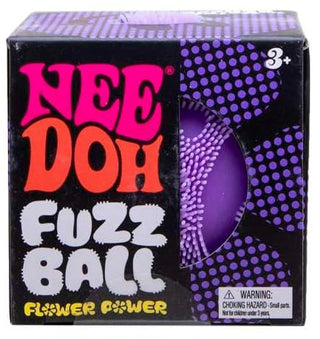 Schylling NeeDoh Flower Power Fuzz Ball Five boxes of Nee Doh Fuzz Ball with colorful designs on a white background.
