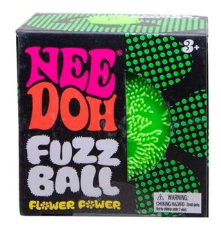 Schylling NeeDoh Flower Power Fuzz Ball Five boxes of Nee Doh Fuzz Ball with colorful designs on a white background.