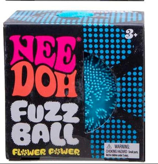 Schylling NeeDoh Flower Power Fuzz Ball Five boxes of Nee Doh Fuzz Ball with colorful designs on a white background.