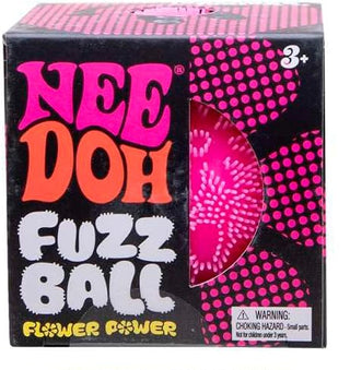 Schylling NeeDoh Flower Power Fuzz Ball Five boxes of Nee Doh Fuzz Ball with colorful designs on a white background.