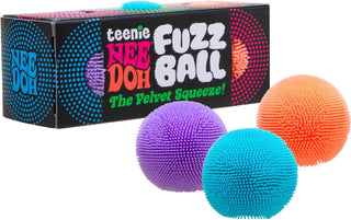 Schylling NeeDoh Teenie Fuzz Ball 3 Pack (Assorted Colors) Colorful fuzzy balls with packaging labeled 'teenie Nee Doh Fuzz Ball' on a white background.