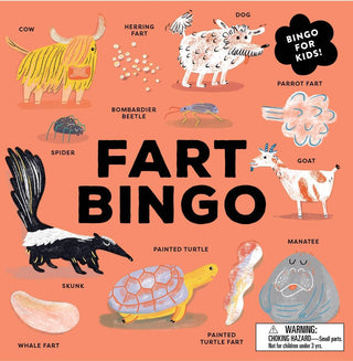 Fart Bingo by Laurence King
Fart Bingo game board with illustrations of animals and their corresponding farts on a peach background.