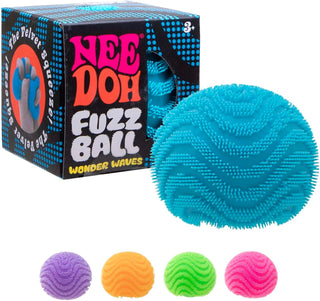 Schylling NeeDoh Wonder Waves Fuzz Ball Blue fuzz ball with packaging and additional color options displayed below.