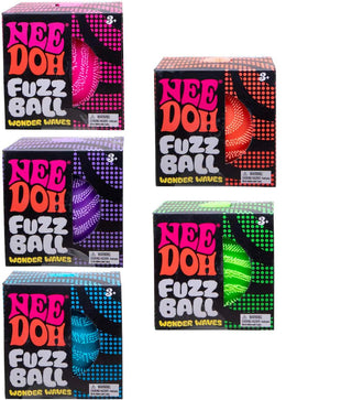 Schylling NeeDoh Wonder Waves Fuzz Ball Multiple boxes of Nee Doh Fuzz Ball Wonder Waves with colorful designs on a white background.