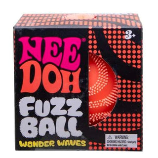 Schylling Orange NeeDoh Wonder Waves Fuzz Ball Multiple boxes of Nee Doh Fuzz Ball Wonder Waves with colorful designs on a white background.