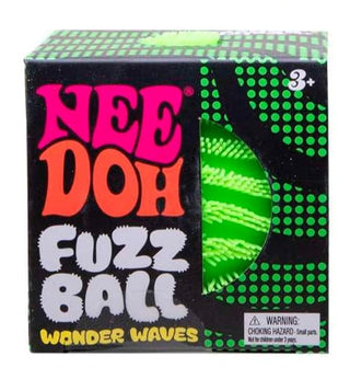 Schylling Green NeeDoh Wonder Waves Fuzz Balll Multiple boxes of Nee Doh Fuzz Ball Wonder Waves with colorful designs on a white background.