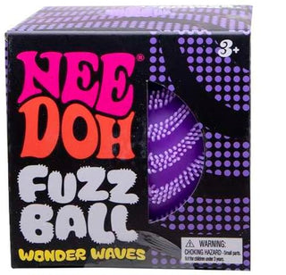 Schylling Purple NeeDoh Wonder Waves Fuzz Ball Multiple boxes of Nee Doh Fuzz Ball Wonder Waves with colorful designs on a white background.