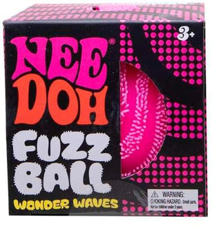 Schylling Pink NeeDoh Wonder Waves Fuzz Ball Five boxes of Nee Doh Fuzz Ball Wonder Waves with colorful designs on a white background.