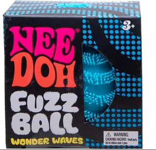 Schylling Blue NeeDoh Wonder Waves Fuzz Ball Multiple boxes of Nee Doh Fuzz Ball Wonder Waves with colorful designs on a white background.
