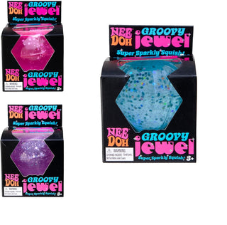 Schylling NeeDoh Groovy Jewel Three packages of Nee Doh Groovy Jewel with pink, blue, and purple colors on a white background.