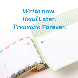 Hachette Letters to My Baby: Write Now. Read Later.
Open notebook with lined pages and colorful envelopes on a white background, with text 'Write now. Read Later.