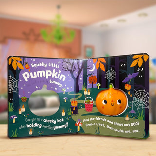Scholastic Squish 'n' Squeeze Pumpkin! Board Book
Children's book titled 'Squishy Little Pumpkin' with a pumpkin illustration on a wooden surface.