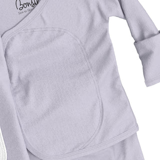 Bonsie Footie - Hush Sky
Light gray baby outfit with a brand logo on a white background