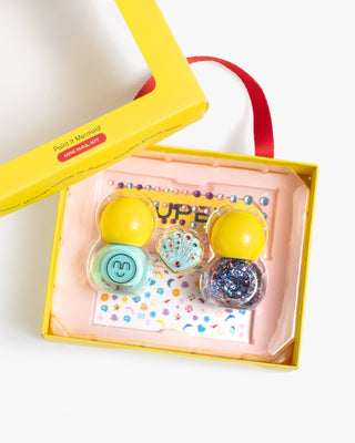 Super Smalls Paint It Mermaid Mini Nail Kit Colorful hair accessories in a decorative box with a yellow handle.