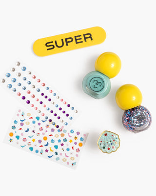 Super Smalls Paint It Mermaid Mini Nail Kit Colorful dice and stickers on a white background with 'SUPER' text.