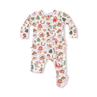 Angel Dear 2 Way Ruffle Back Zipper Footie - Cowgirl Christmas Cookies
Baby onesie with Christmas-themed pattern on a white background
