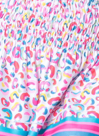 Lucky In Love Cheetah Smocked Skirt 
Colorful patterned fabric with multicolor design on a white background