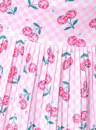 Lucky In Love Disco Cherry Pleated Skirt 
Pink checkered fabric with cherry pattern