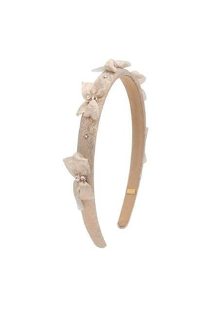Bari Lynn Crystallized Metallic Bow Halo Headband - Champagne
Beige headband with decorative bows on a white background