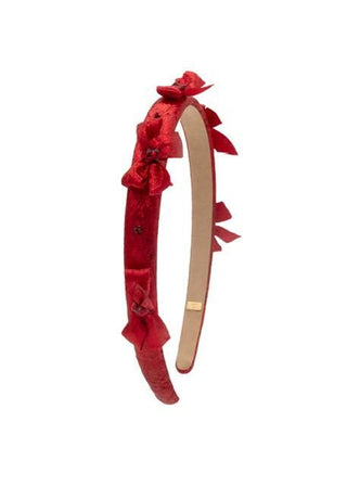 Bari Lynn Crystallized Metallic Bow Halo Headband - Red
Red headband with floral decorations on a white background