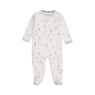 Magnetic Me Blue Baby Beats Modal Footie Baby onesie with animal pattern on a white background