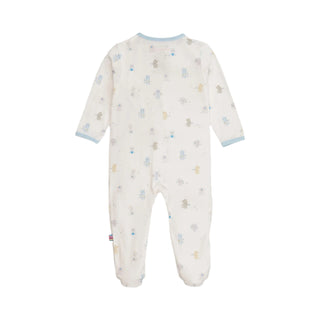 Magnetic Me Blue Baby Beats Modal Footie Baby onesie with teddy bear pattern on a white background