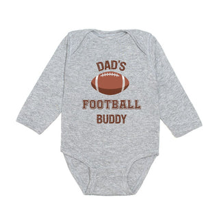 Sweet Wink Dad's Football Buddy Long Sleeve Bodysuit - Gray Gray baby onesie with 'Dad's Football Buddy' text and football graphic on a white background