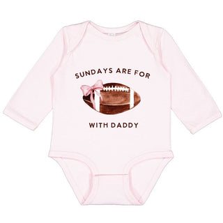 Sweet Wink Football With Daddy Long Sleeve Bodysuit - Ballet Pink baby onesie with football graphic and text on a white background