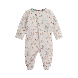 Magnetic Me Born To Run Modal Footie Baby onesie with animal pattern on a white background