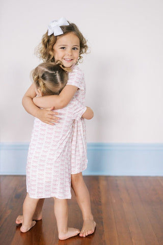 The Uptown Bamboo Short Sleeve Dress Set - Pink Bows