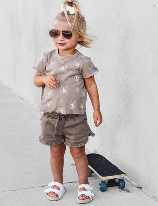 Little Bipsy Floral Ribbed Lettuce Trim Tee - Mushroom