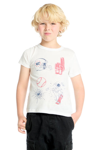 Chaser Varsity Icons Tee Child wearing a white t-shirt with colorful graphics on a white background