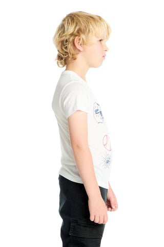 Chaser Varsity Icons Tee Young boy wearing a white t-shirt with colorful graphics on a white background