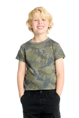 Chaser Dino Camo Tee Child wearing a camouflage t-shirt on a white background