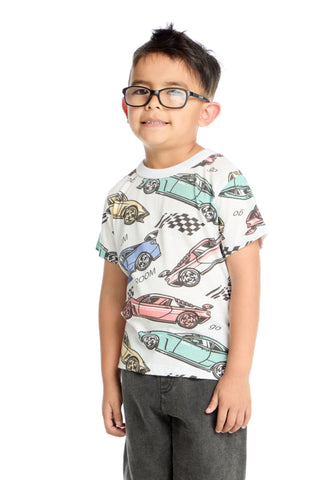 Chaser Extreme Speed Racing Tee
Child wearing a t-shirt with car designs on a white background
