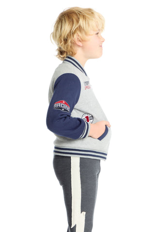 Chaser Navy and Heather Gray Boys Jacket Child wearing a gray and navy tracksuit with visible branding on a white background
