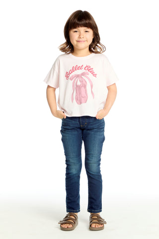 Chaser Ballet Club Tee Child wearing a white t-shirt with pink graphic and text, standing against a white background