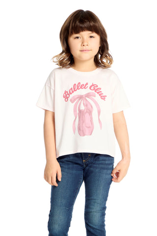 Chaser Ballet Club Tee Young girl wearing a white t-shirt with 'Ballet Bliss' and a pink ballet slipper design, standing against a white background.