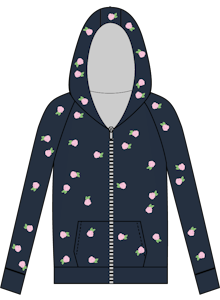 Chaser Allover Rose Buds Zip Up Hoodie Navy blue hoodie with pink floral patterns on a white background