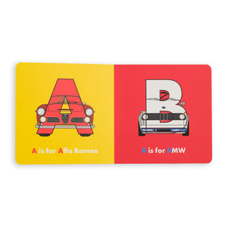 Car Little Legends Alphabet Board Book
Educational card with 'A is for Alfa Romeo' and 'B is for BMW' on a yellow and red background