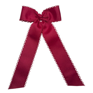 Cranberry Wee Ones Medium Moonstitch Grosgrain Streamer Hair Bow on Clippie
Red bow with scalloped edge on a white background