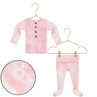 Lou Lou and Company Top and Bottoms - Emily
Pink tie-dye baby outfit with shirt and pants on hangers against a white background.