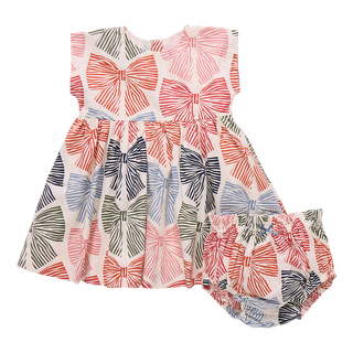 Pink Chicken Baby Girls Adaline Dress Set - Multi Striped Bows Children's dress with bow pattern on a white background