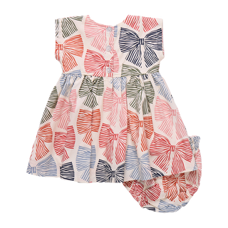 Pink Chicken Baby Girls Adaline Dress Set - Multi Striped Bows Dress and bloomers with bow pattern on a white background