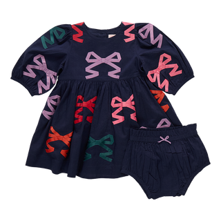 Pink Chicken Baby Girls Brooke Dress Set - Multi Bow Applique
Navy blue dress with colorful bows and matching bloomers on a white background