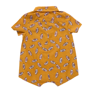 Blue Rooster Baby Boys Easton Jumper - Flying Footballs Yellow shirt with pattern on a white background
