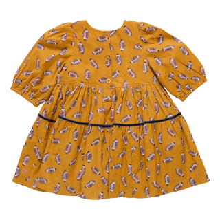 Pink Chicken Girls Maribelle Dress - Flying Footballs Yellow dress with pattern on a white background